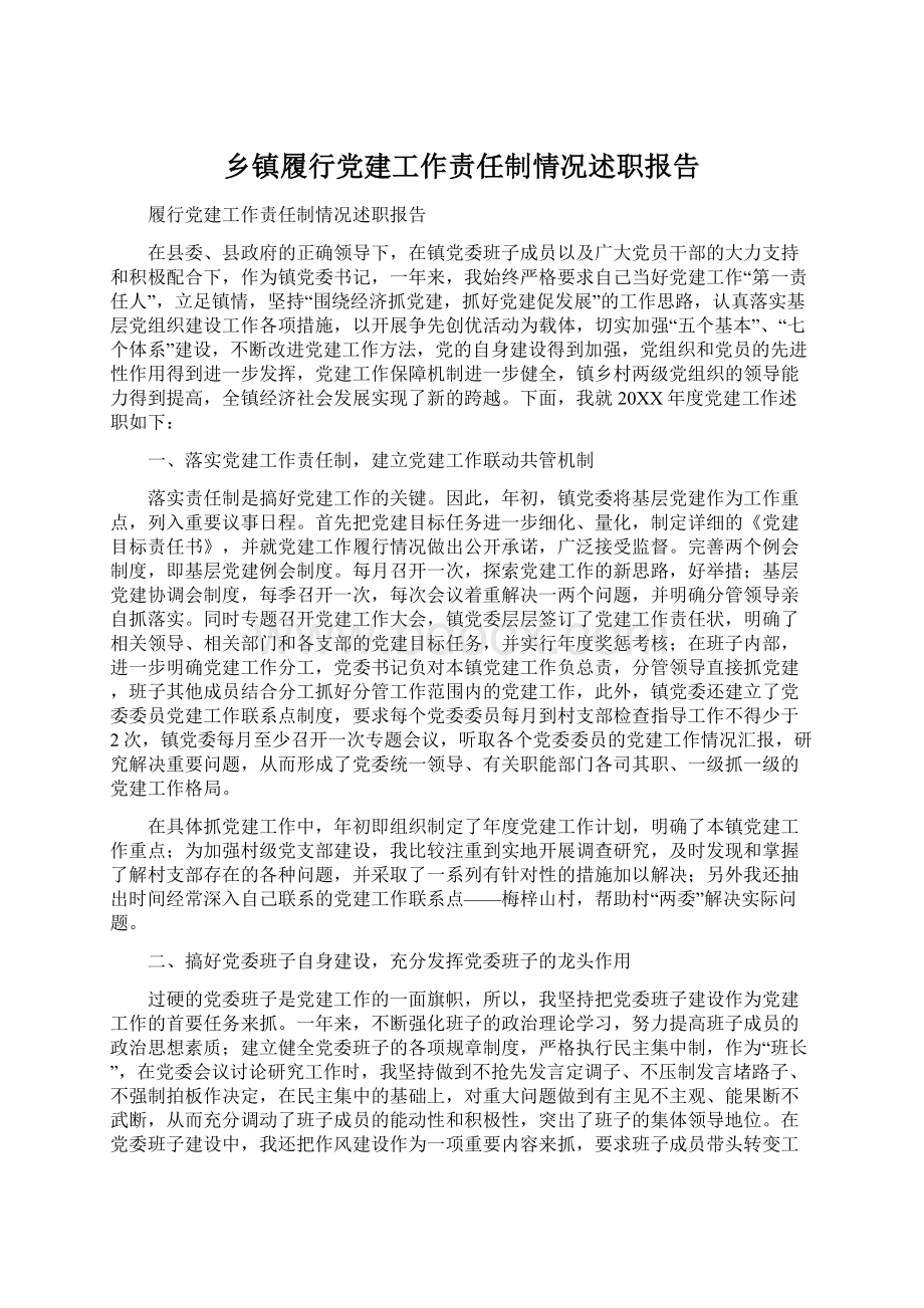 乡镇履行党建工作责任制情况述职报告.docx