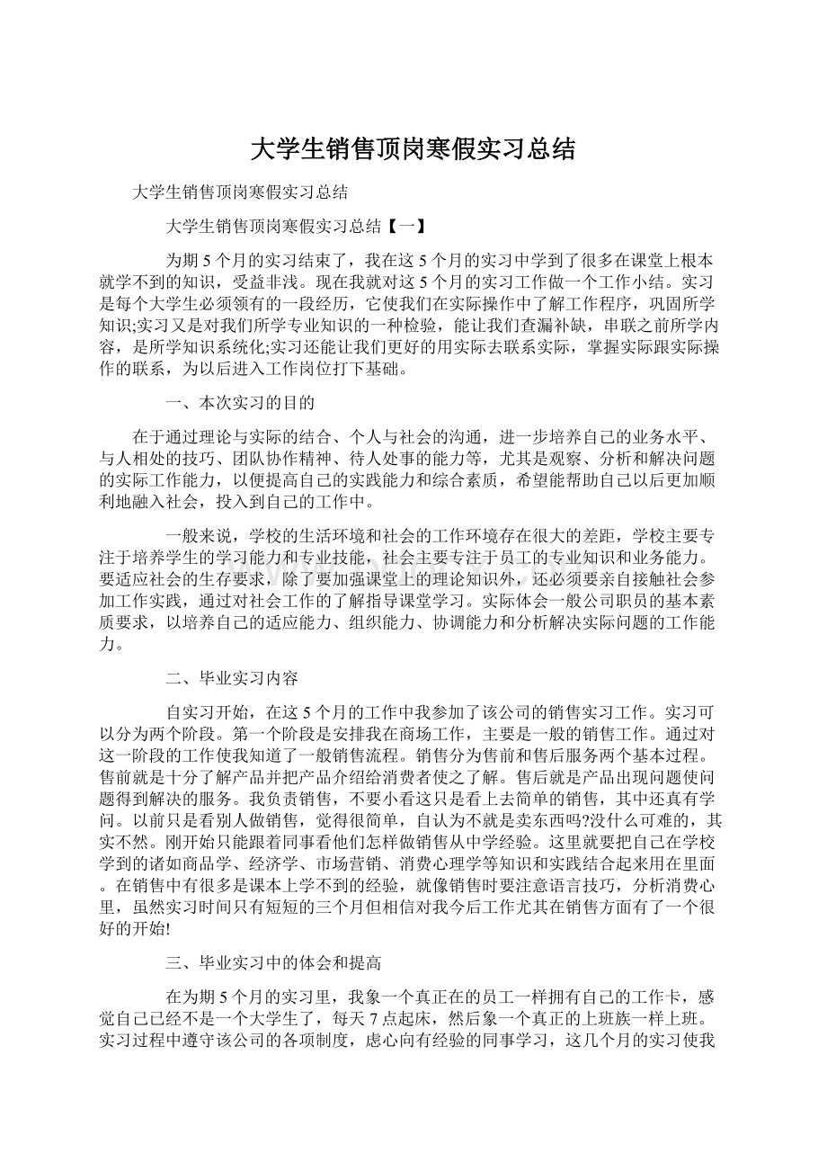 大学生销售顶岗寒假实习总结.docx_第1页