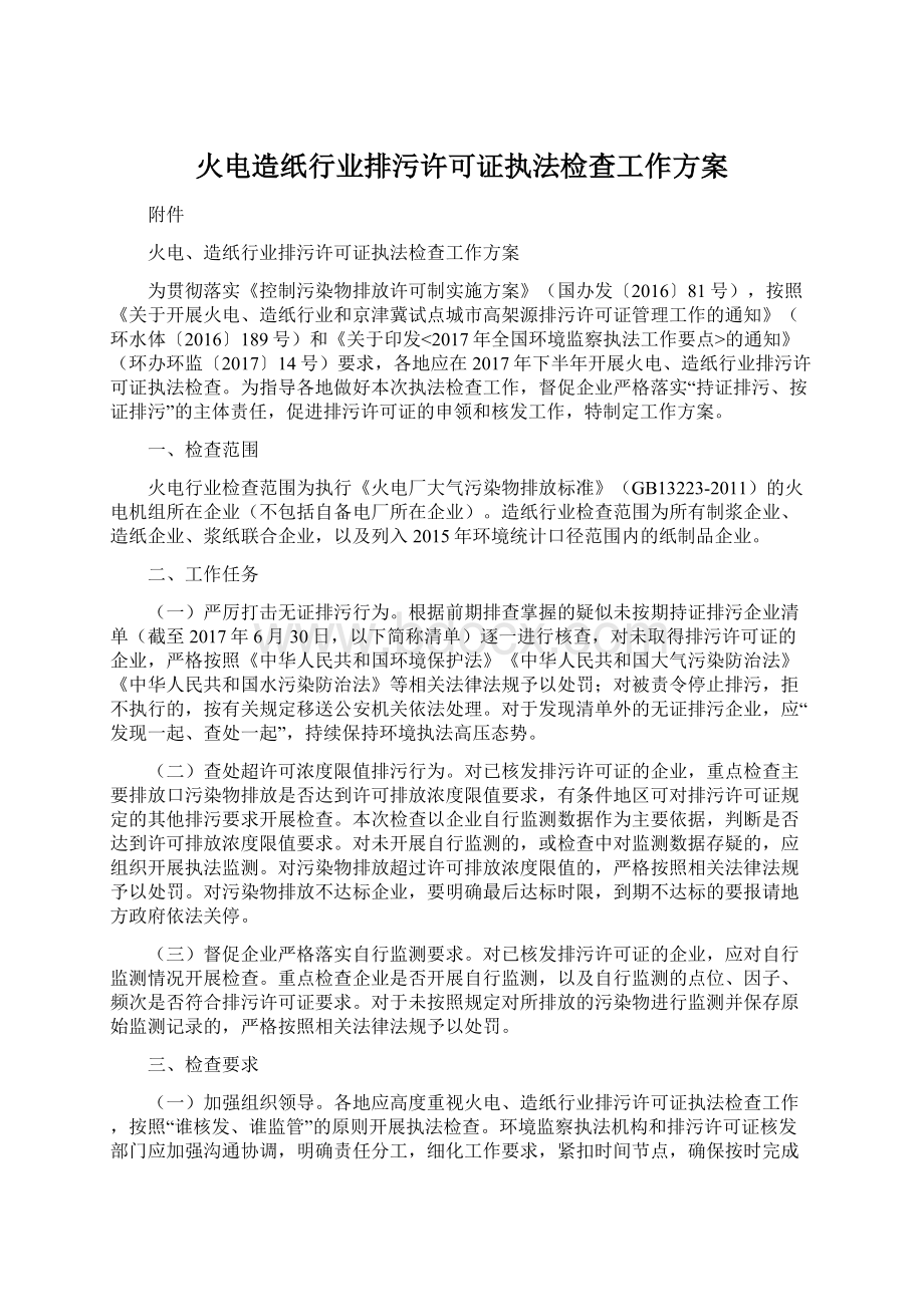 火电造纸行业排污许可证执法检查工作方案.docx