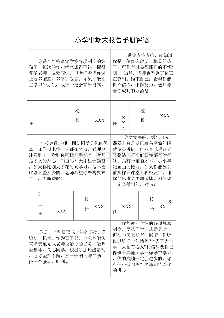 小学生期末报告手册评语Word文档下载推荐.docx