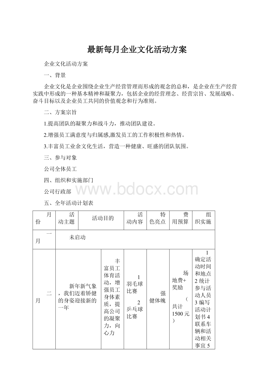 最新每月企业文化活动方案Word文件下载.docx