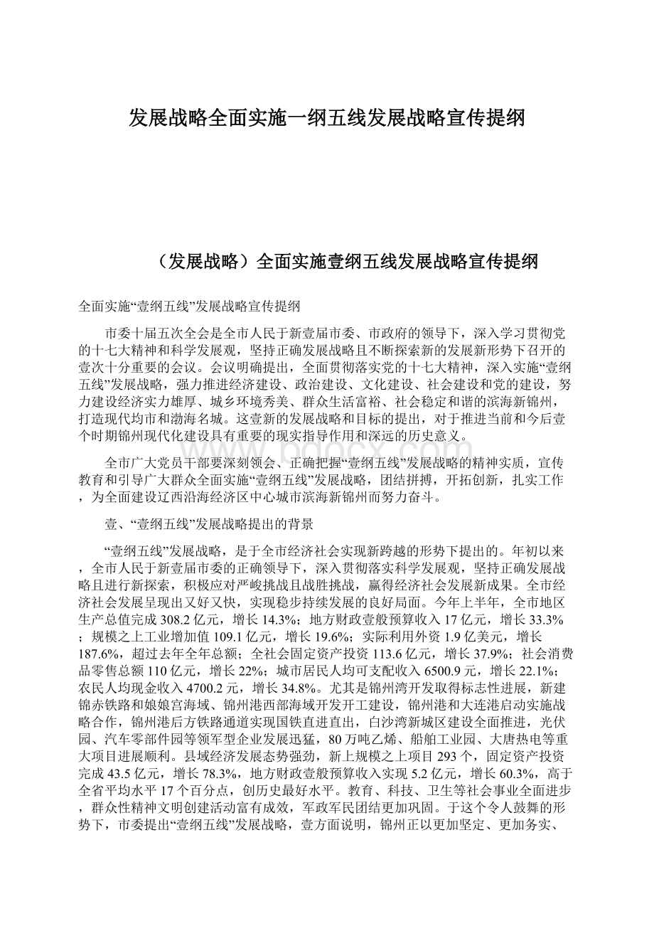 发展战略全面实施一纲五线发展战略宣传提纲Word格式文档下载.docx_第1页