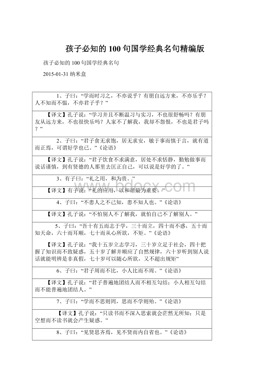 孩子必知的100句国学经典名句精编版.docx_第1页