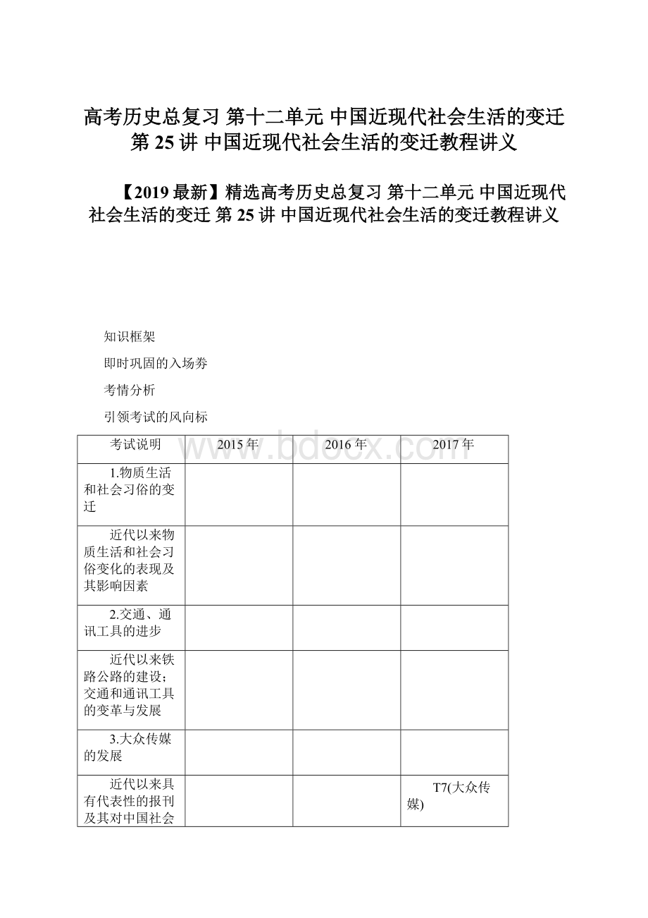 高考历史总复习 第十二单元 中国近现代社会生活的变迁 第25讲 中国近现代社会生活的变迁教程讲义.docx