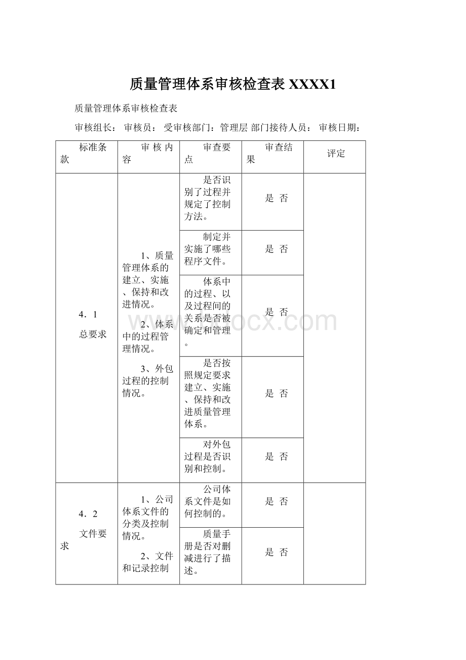 质量管理体系审核检查表XXXX1Word文档下载推荐.docx