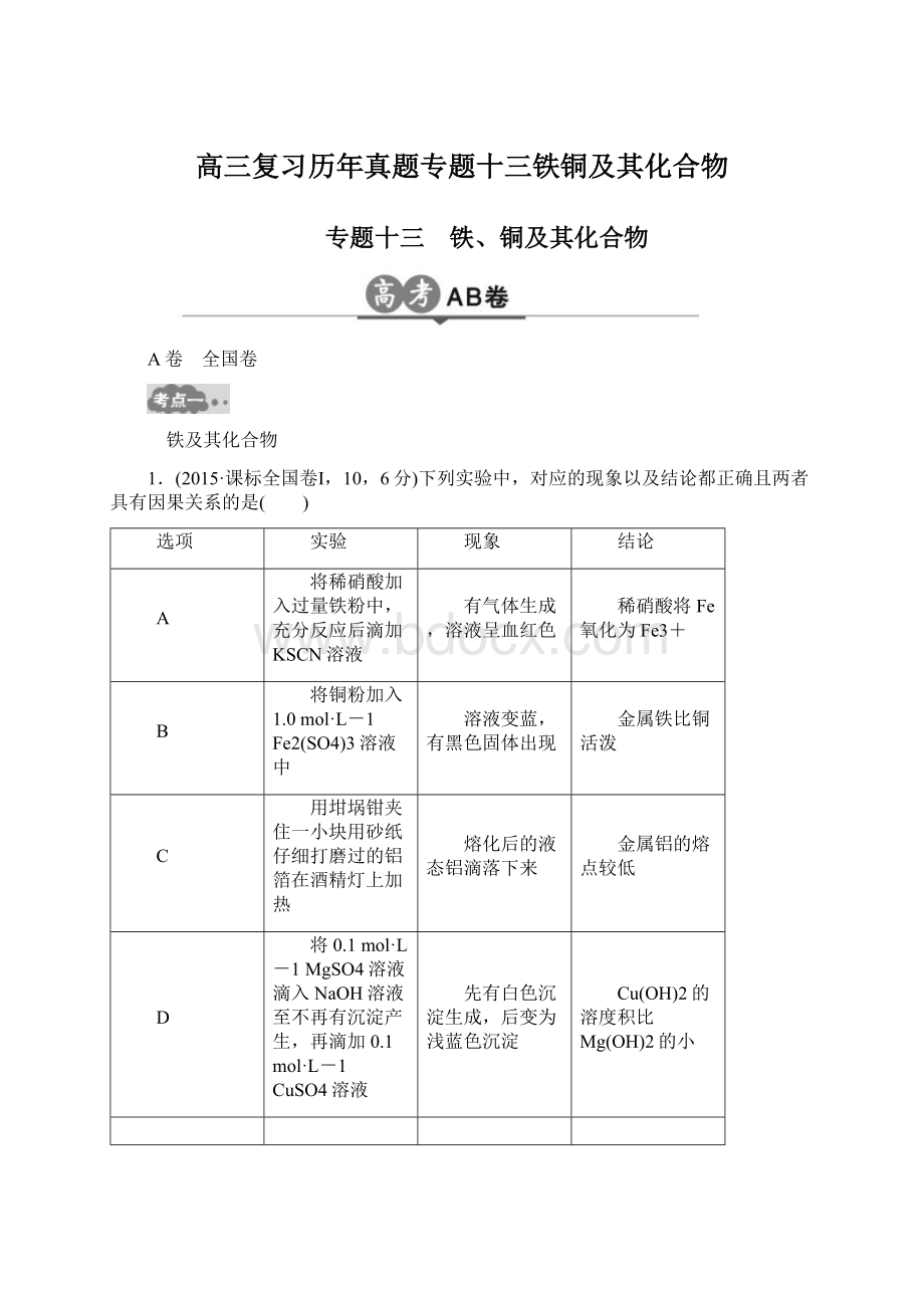 高三复习历年真题专题十三铁铜及其化合物Word格式.docx_第1页