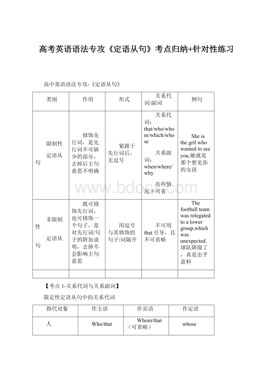 高考英语语法专攻《定语从句》考点归纳+针对性练习.docx_第1页