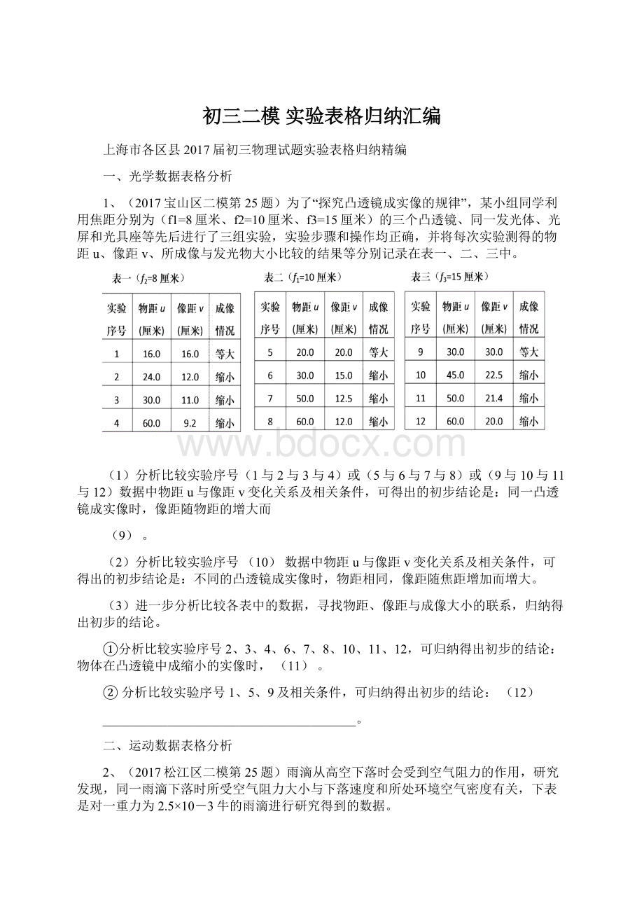 初三二模 实验表格归纳汇编Word格式文档下载.docx