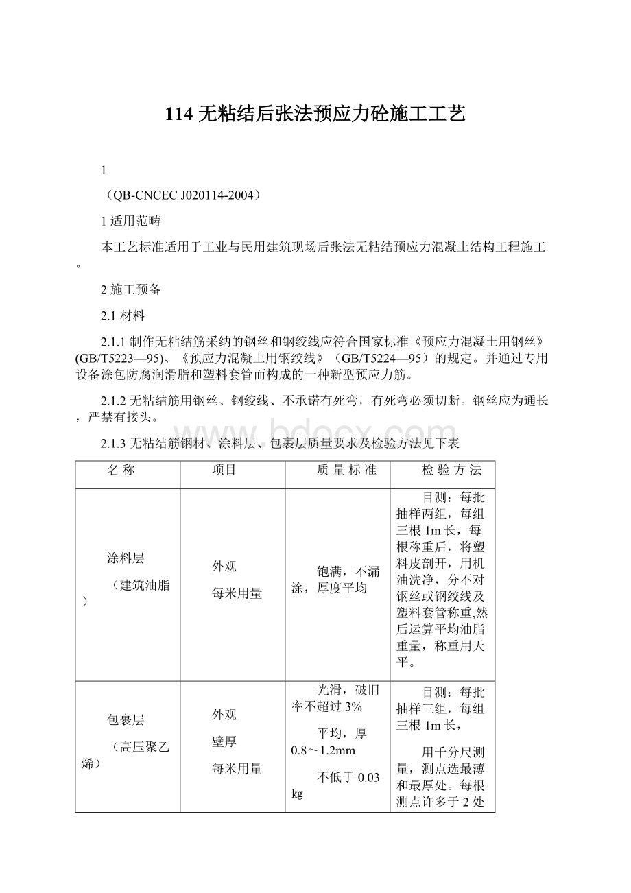 114 无粘结后张法预应力砼施工工艺.docx_第1页