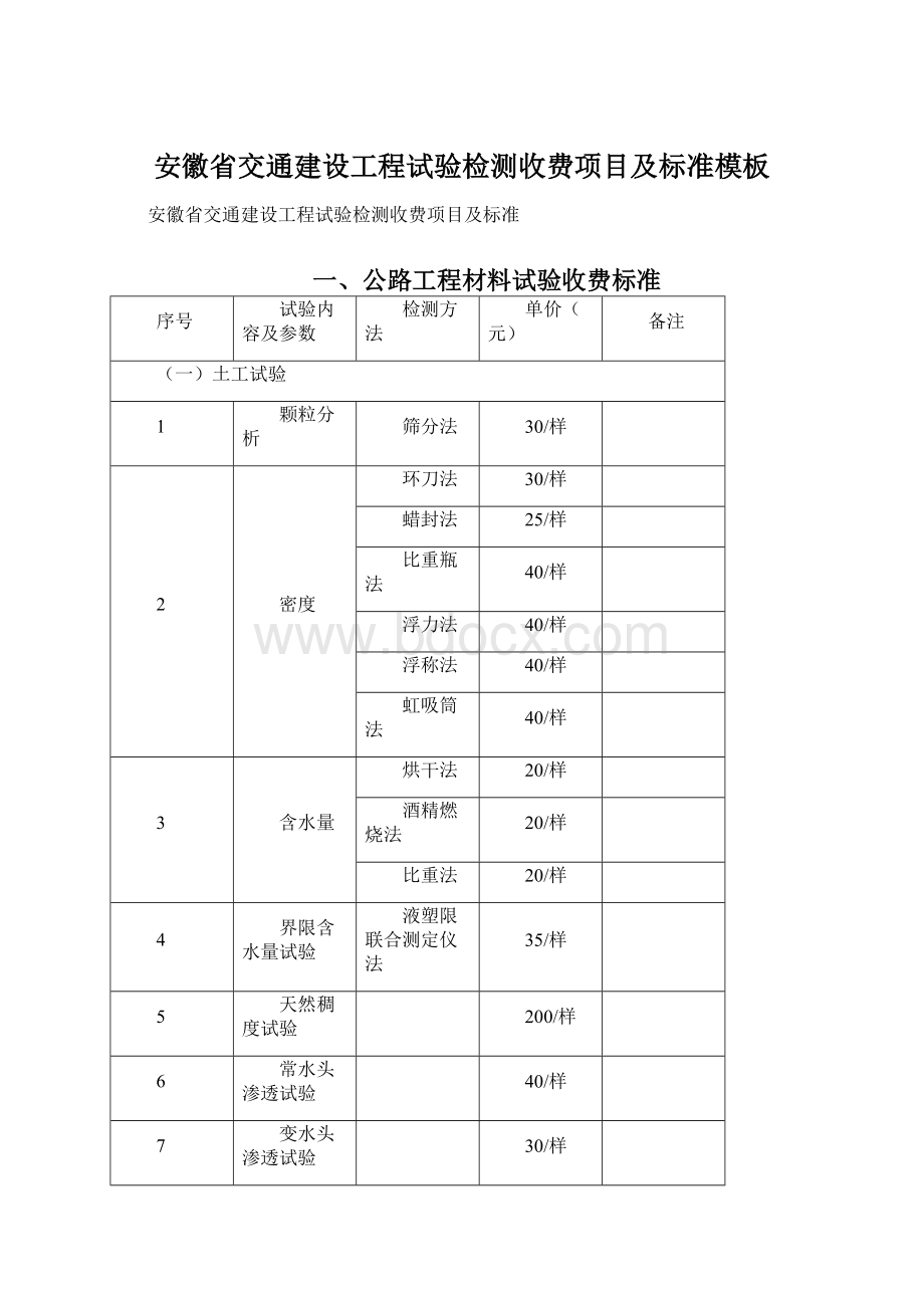 安徽省交通建设工程试验检测收费项目及标准模板Word文件下载.docx