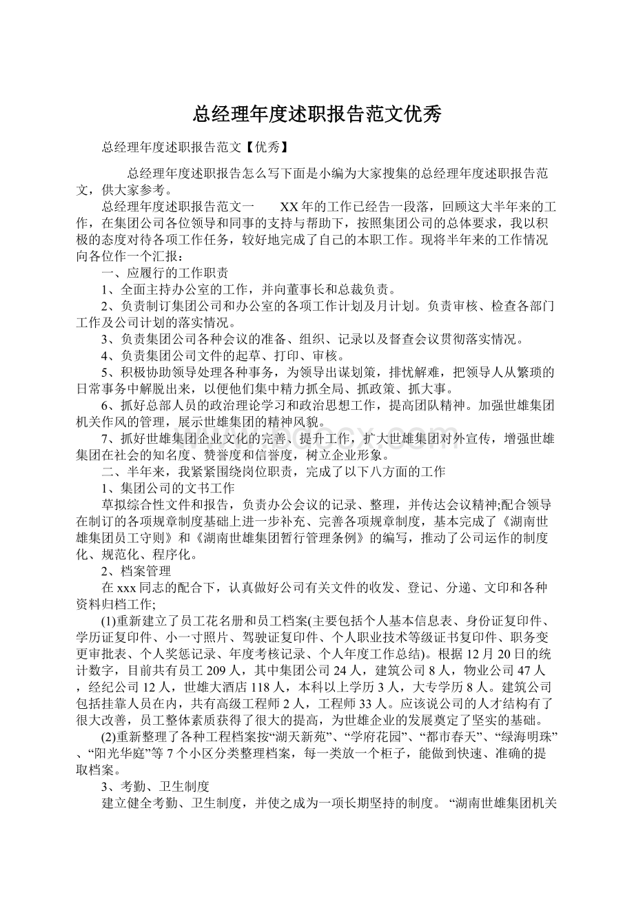 总经理年度述职报告范文优秀文档格式.docx