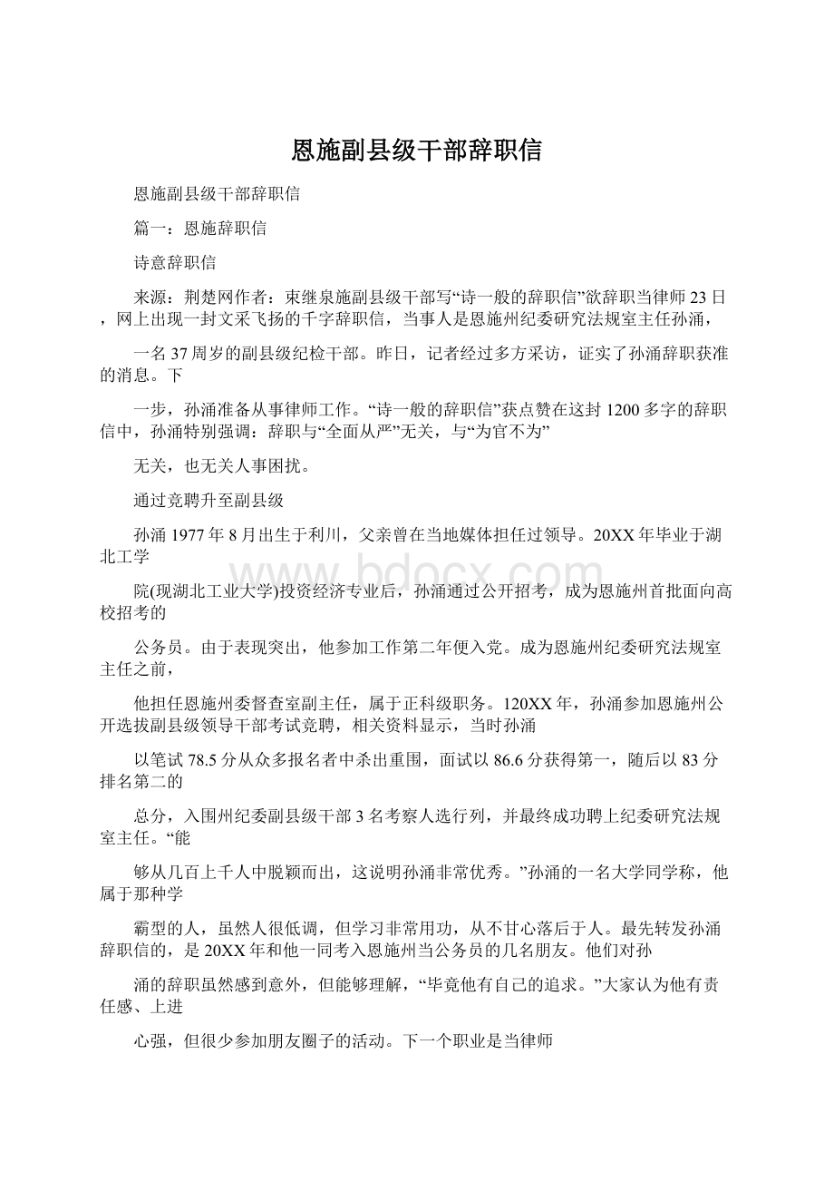 恩施副县级干部辞职信Word文件下载.docx