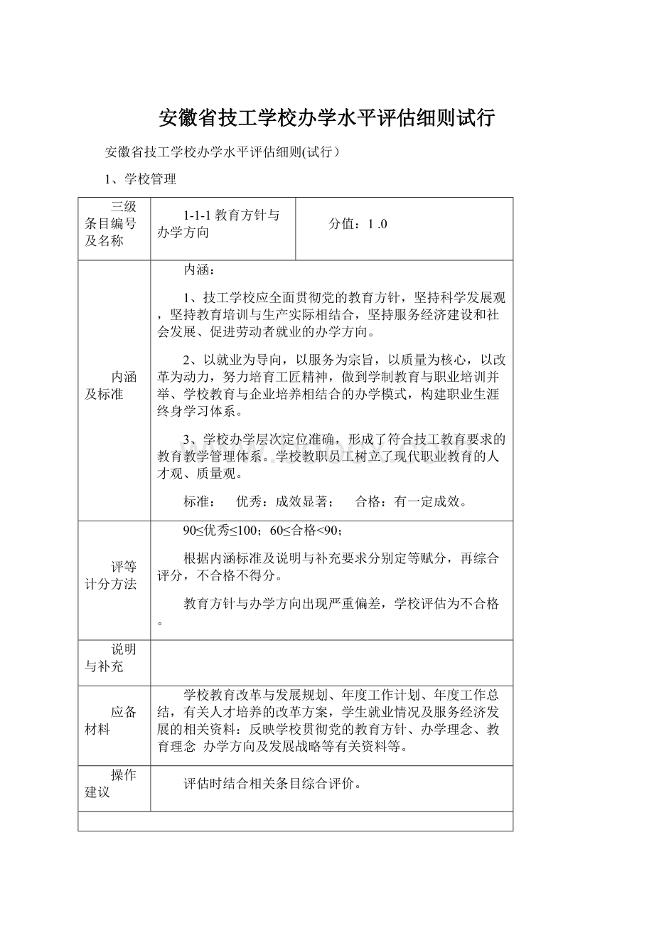 安徽省技工学校办学水平评估细则试行.docx_第1页