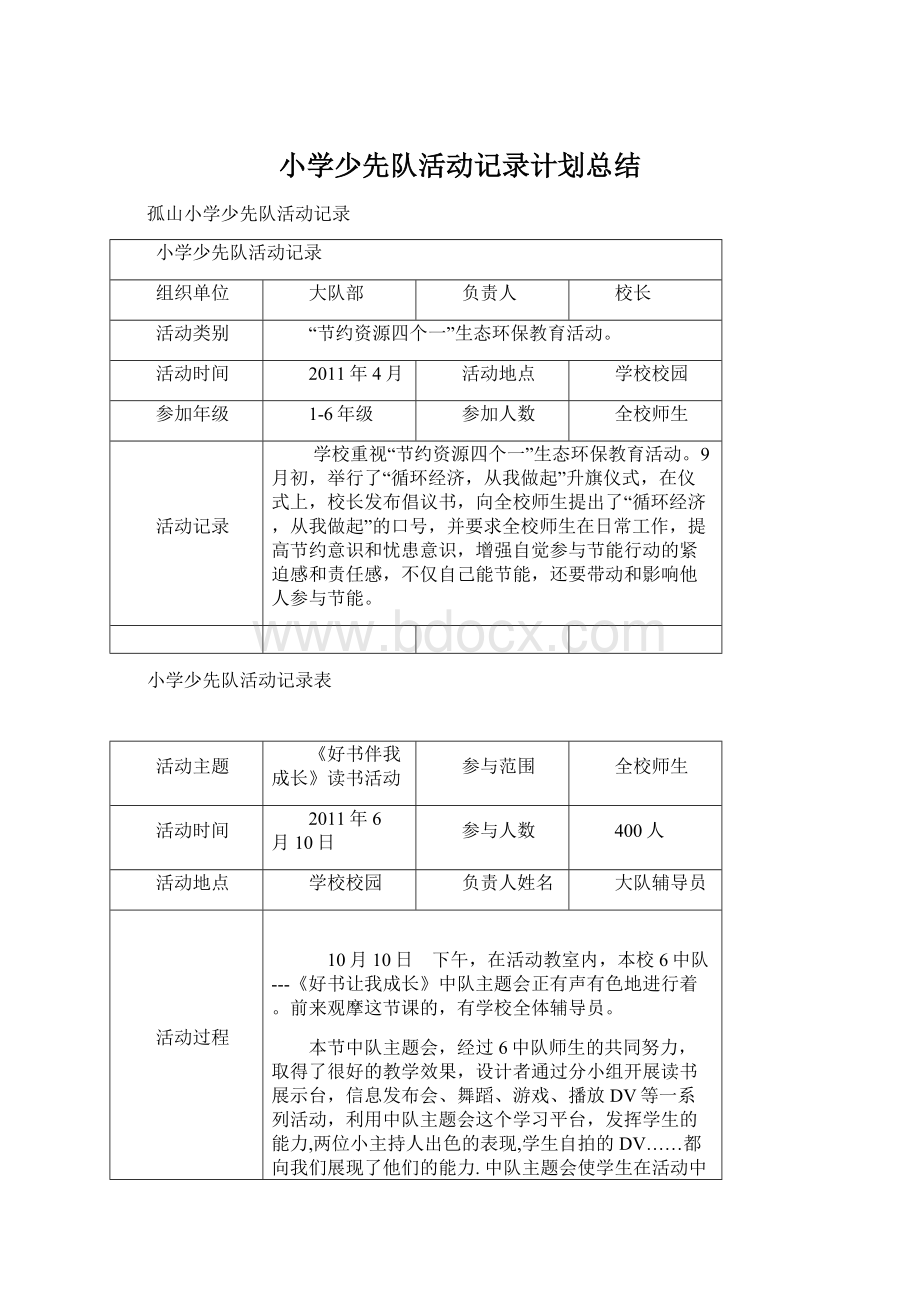 小学少先队活动记录计划总结.docx