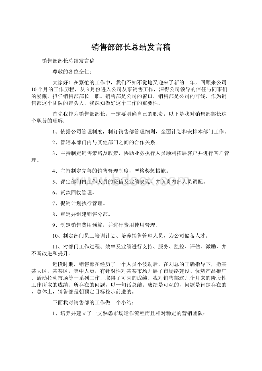 销售部部长总结发言稿文档格式.docx