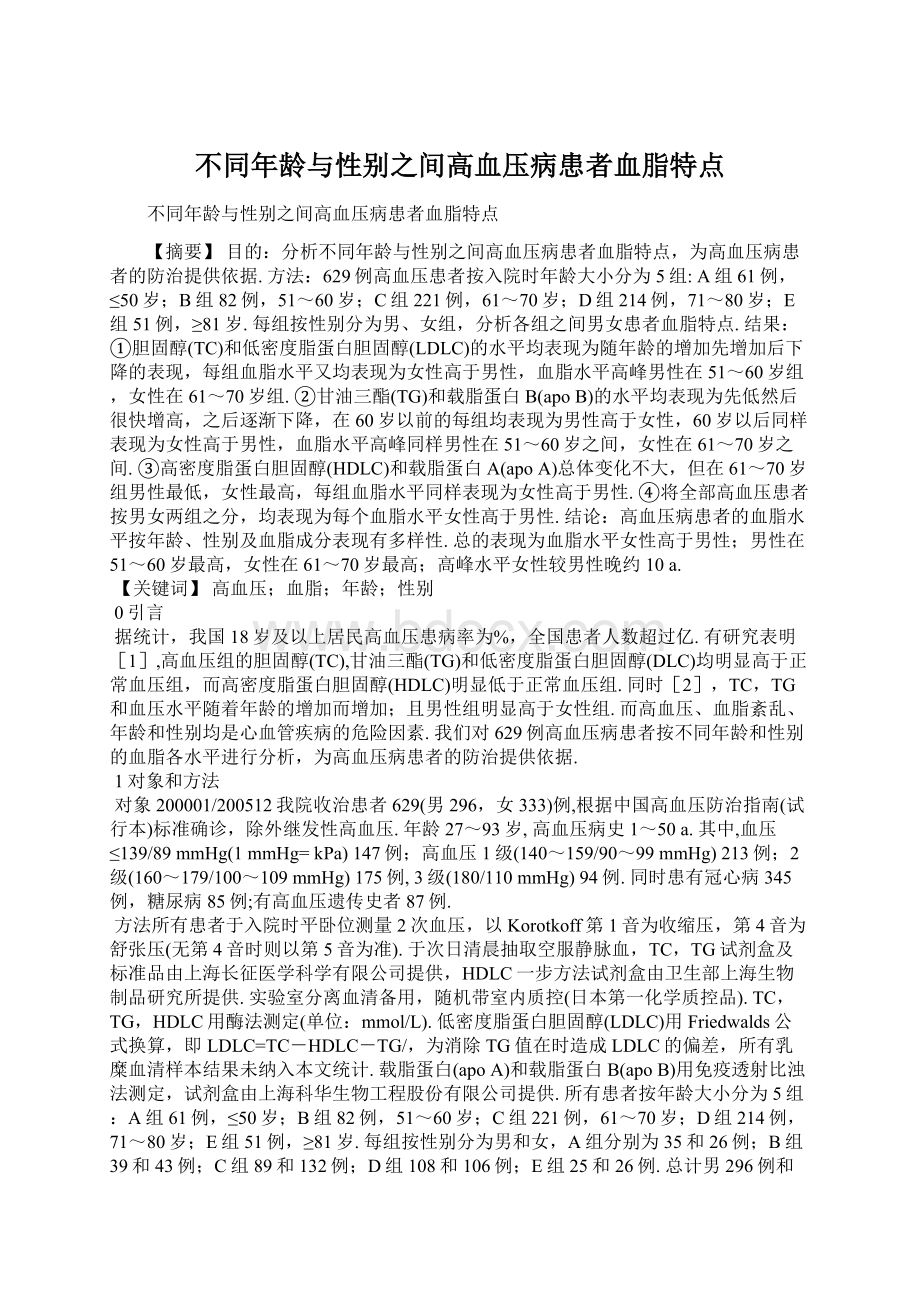 不同年龄与性别之间高血压病患者血脂特点Word文件下载.docx_第1页