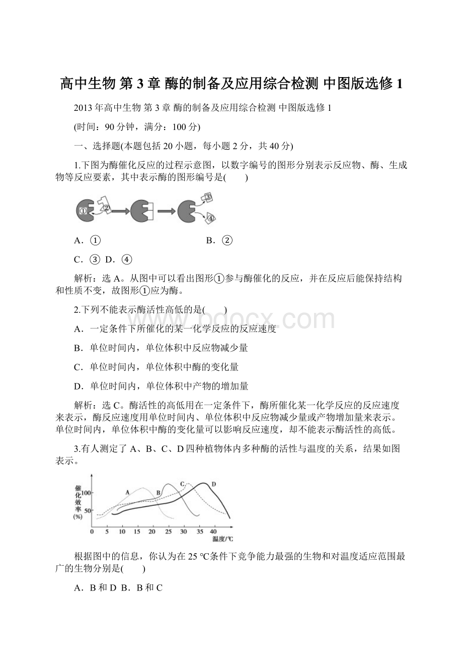 高中生物 第3章 酶的制备及应用综合检测 中图版选修1.docx_第1页