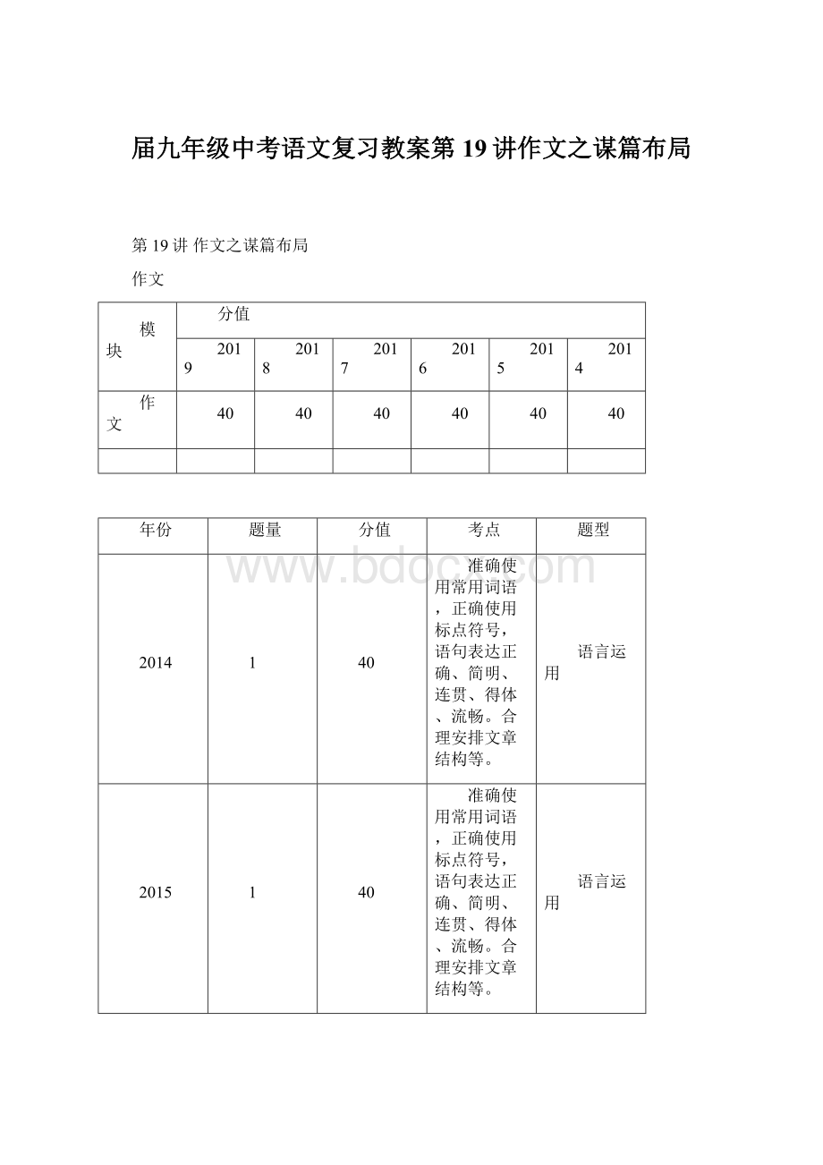 届九年级中考语文复习教案第19讲作文之谋篇布局Word格式文档下载.docx