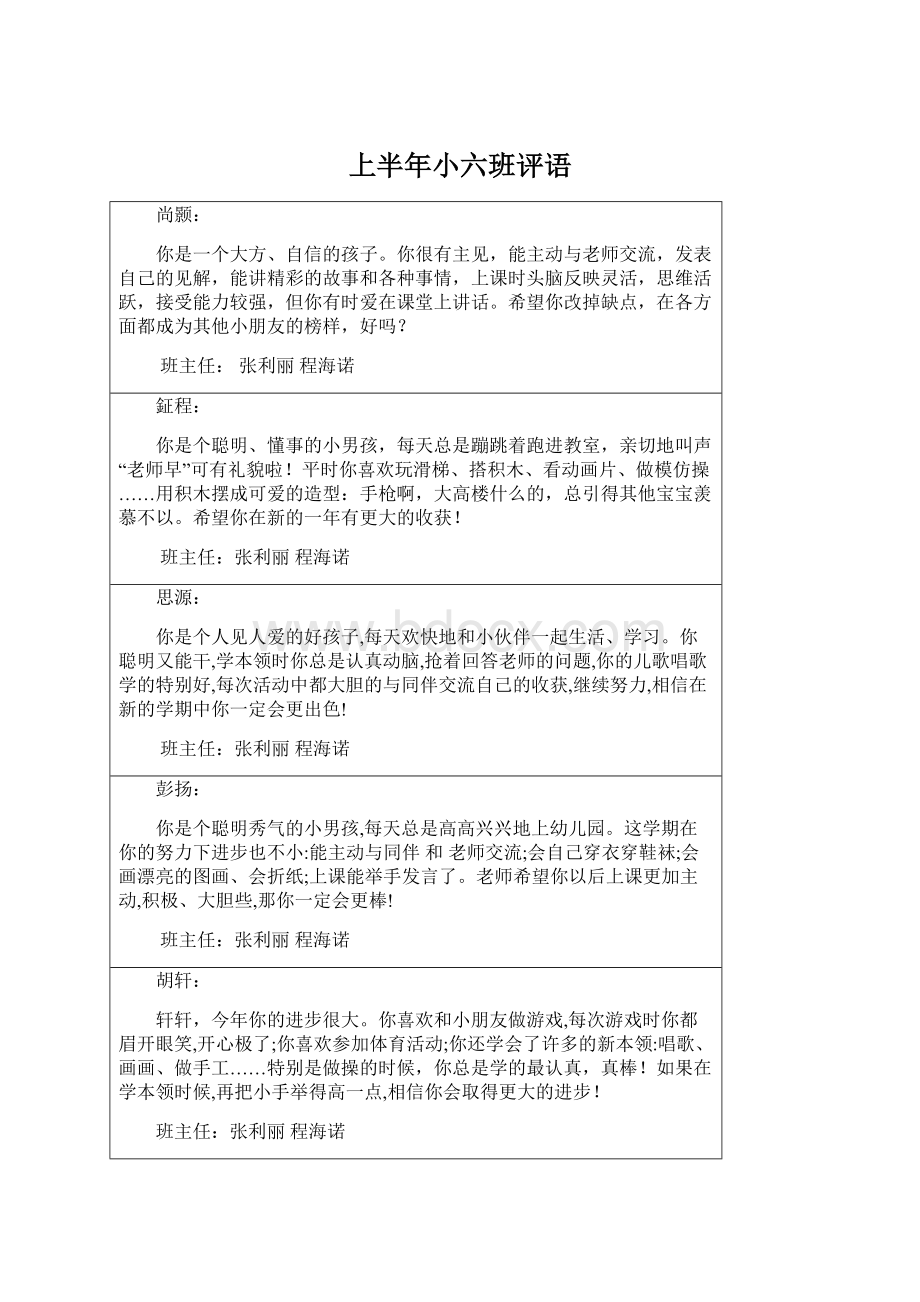 上半年小六班评语Word格式文档下载.docx