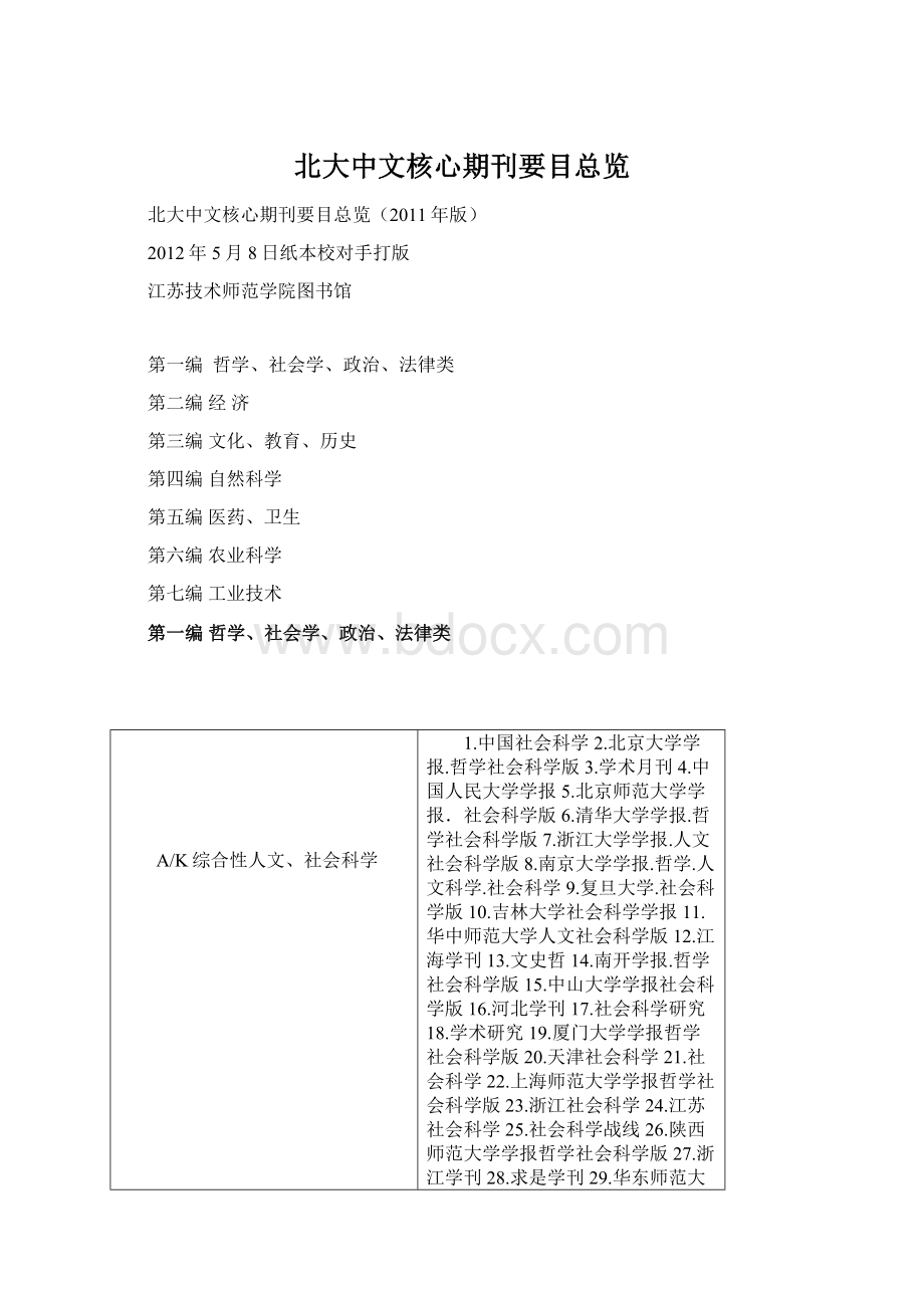 北大中文核心期刊要目总览.docx_第1页