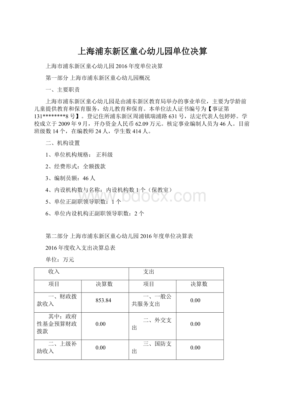 上海浦东新区童心幼儿园单位决算.docx_第1页