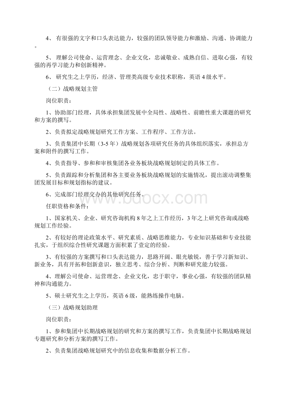 工作计划集团战略规划部工作职能及岗位职责说明书文档格式.docx_第3页