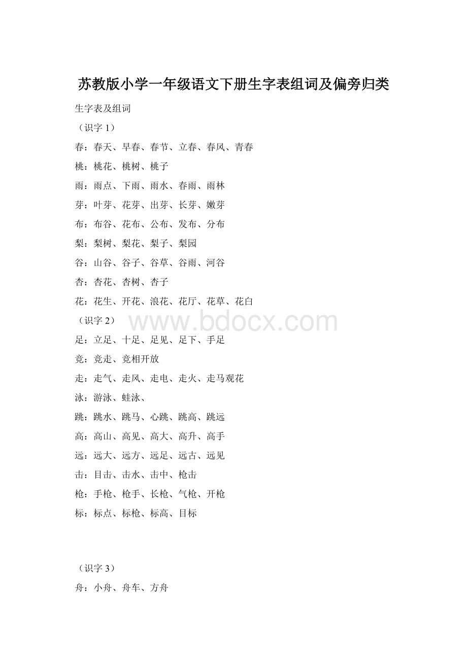 苏教版小学一年级语文下册生字表组词及偏旁归类Word文件下载.docx