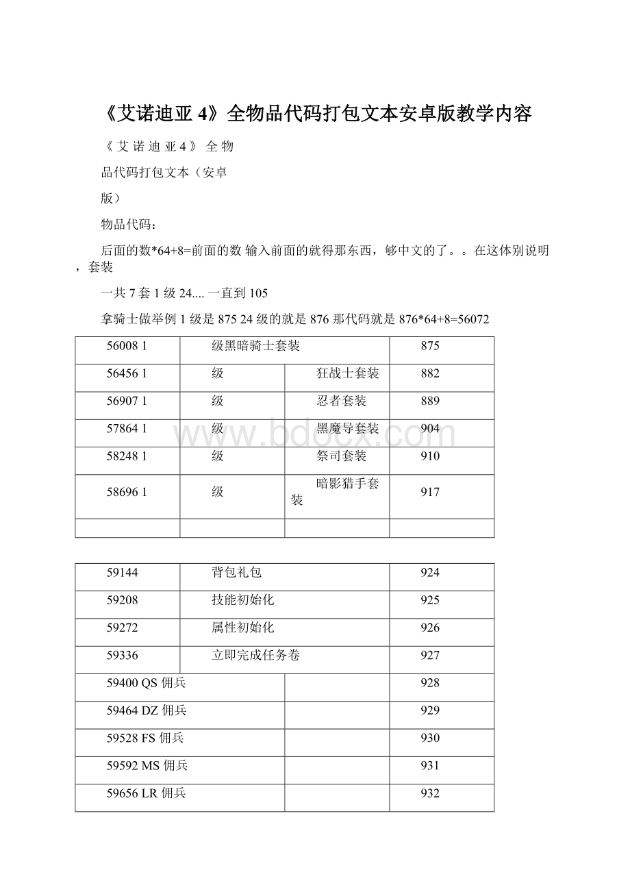 《艾诺迪亚4》全物品代码打包文本安卓版教学内容Word文件下载.docx_第1页