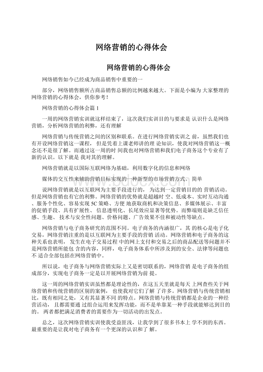 网络营销的心得体会Word下载.docx