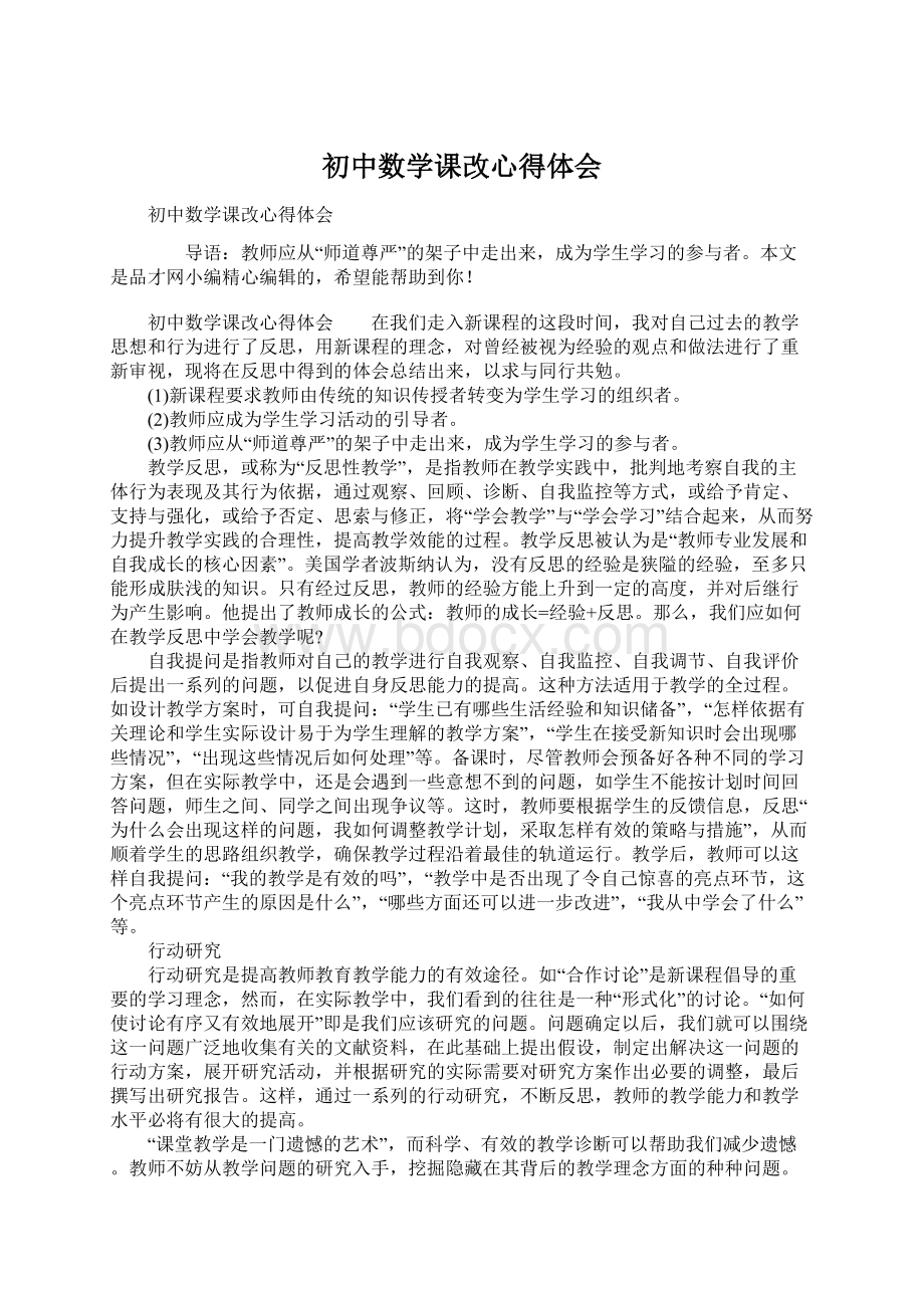 初中数学课改心得体会Word文档格式.docx