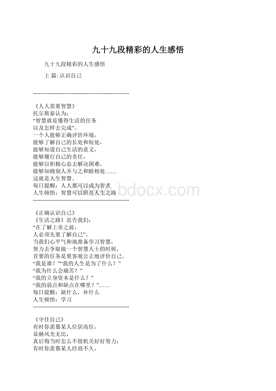 九十九段精彩的人生感悟Word文档格式.docx