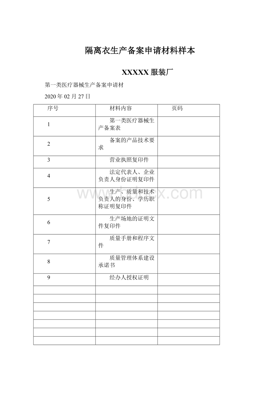 隔离衣生产备案申请材料样本Word下载.docx