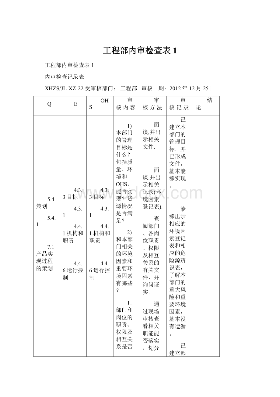 工程部内审检查表1.docx_第1页