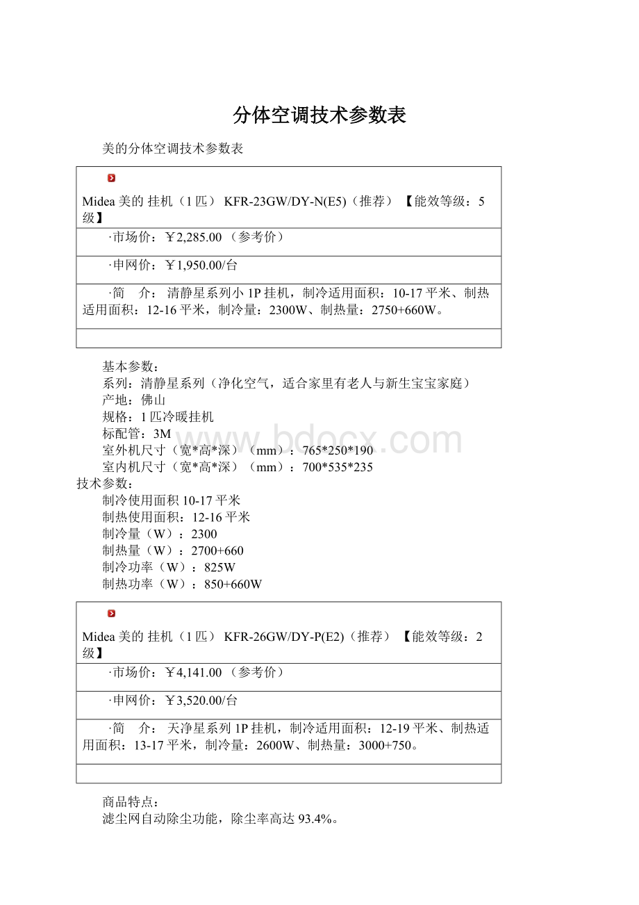 分体空调技术参数表Word文档格式.docx