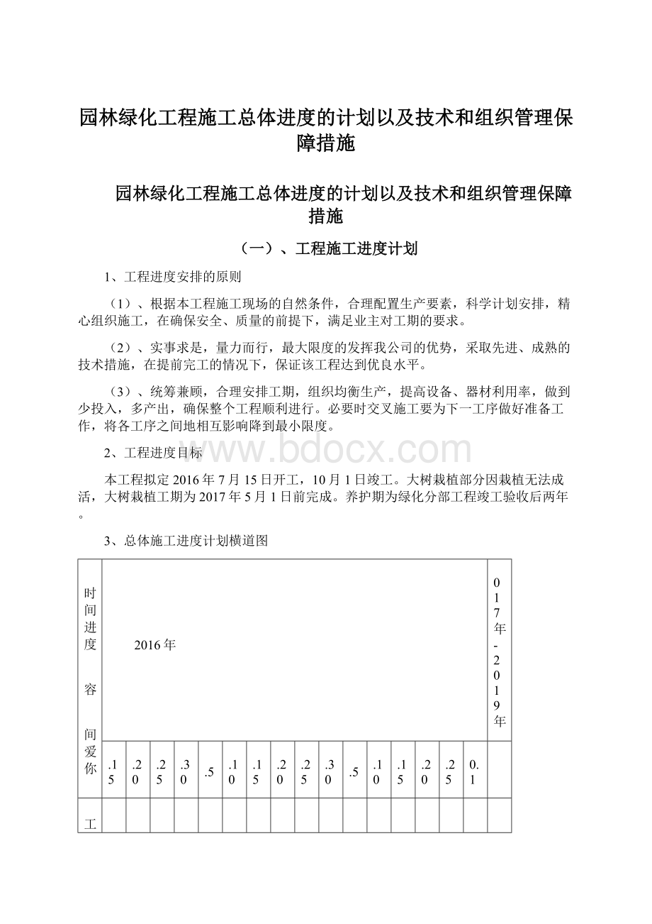 园林绿化工程施工总体进度的计划以及技术和组织管理保障措施.docx_第1页