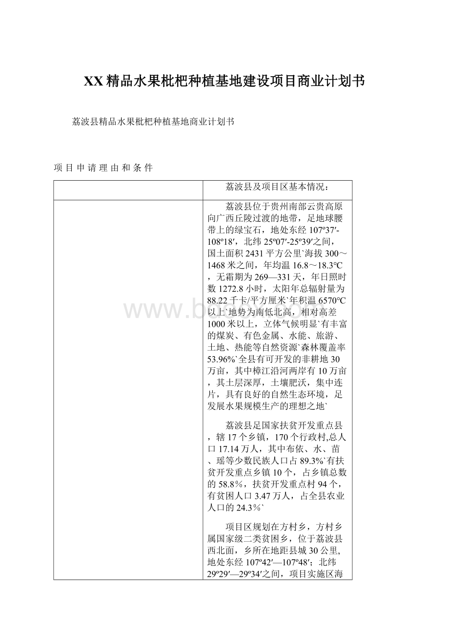 XX精品水果枇杷种植基地建设项目商业计划书Word文件下载.docx