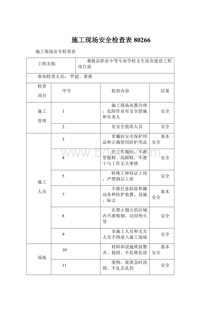 施工现场安全检查表80266Word文档下载推荐.docx