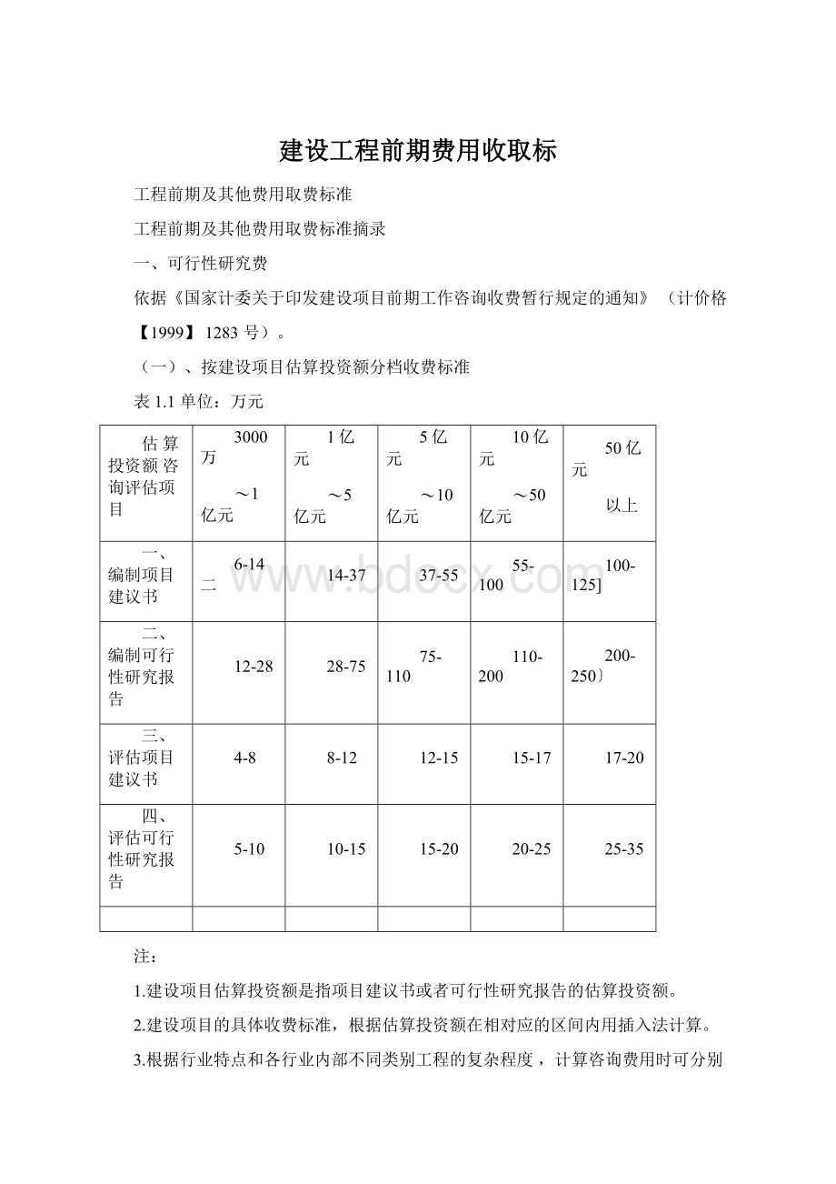 建设工程前期费用收取标Word格式文档下载.docx