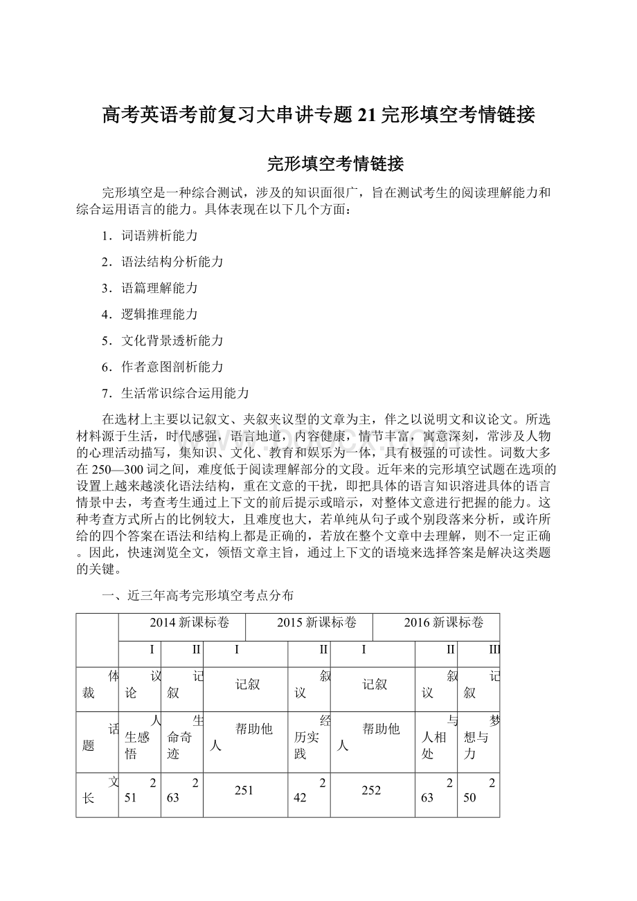 高考英语考前复习大串讲专题21完形填空考情链接.docx_第1页