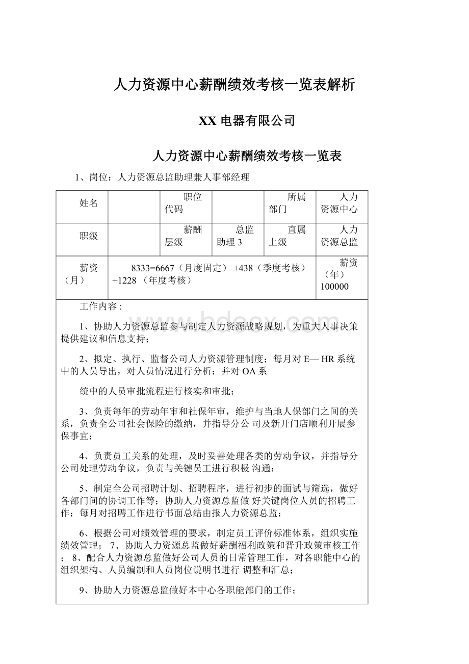 人力资源中心薪酬绩效考核一览表解析Word文档格式.docx