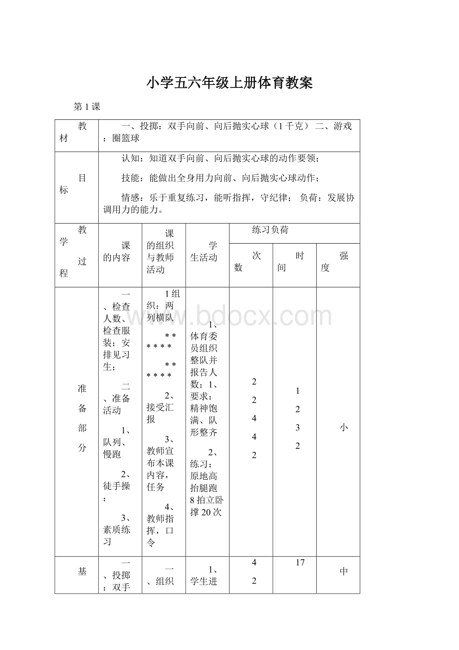 小学五六年级上册体育教案.docx_第1页