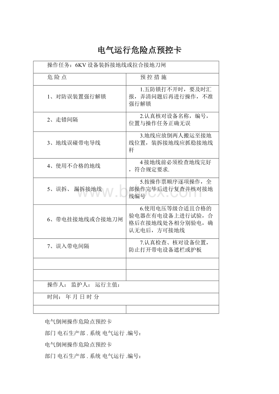 电气运行危险点预控卡Word文档下载推荐.docx_第1页