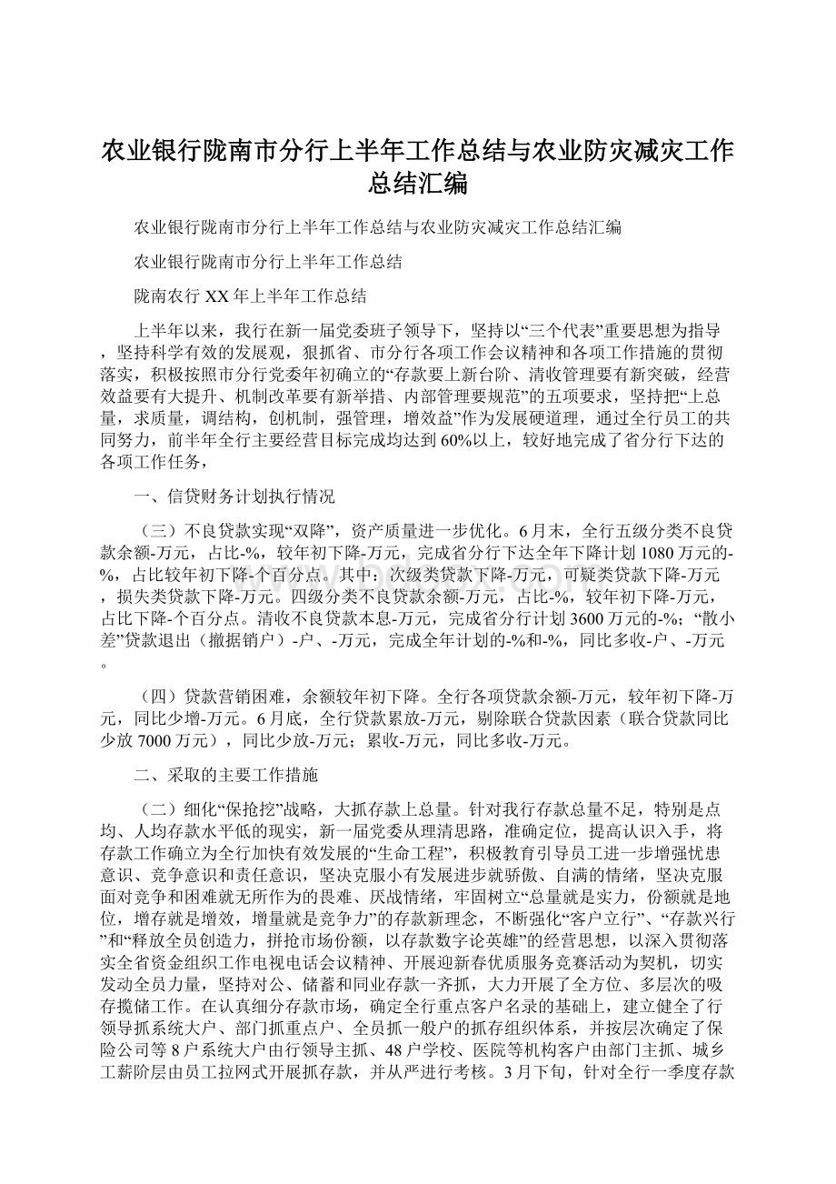 农业银行陇南市分行上半年工作总结与农业防灾减灾工作总结汇编Word文档下载推荐.docx