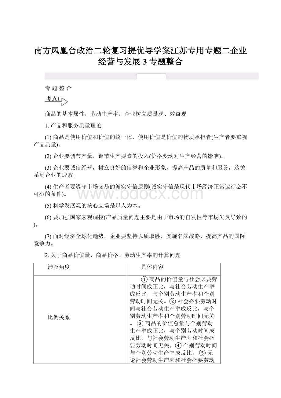 南方凤凰台政治二轮复习提优导学案江苏专用专题二企业经营与发展3专题整合Word文件下载.docx