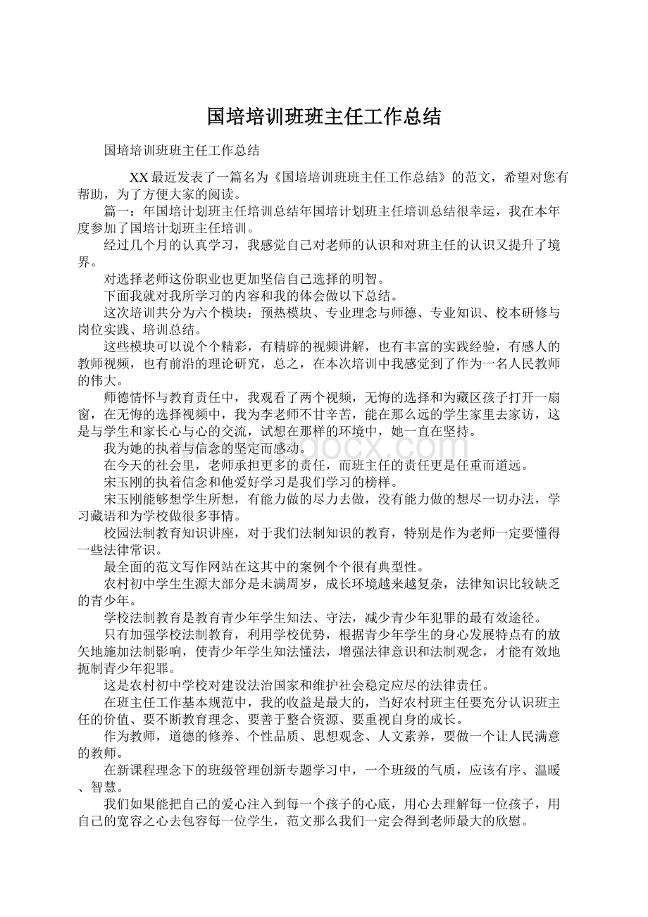 国培培训班班主任工作总结文档格式.docx