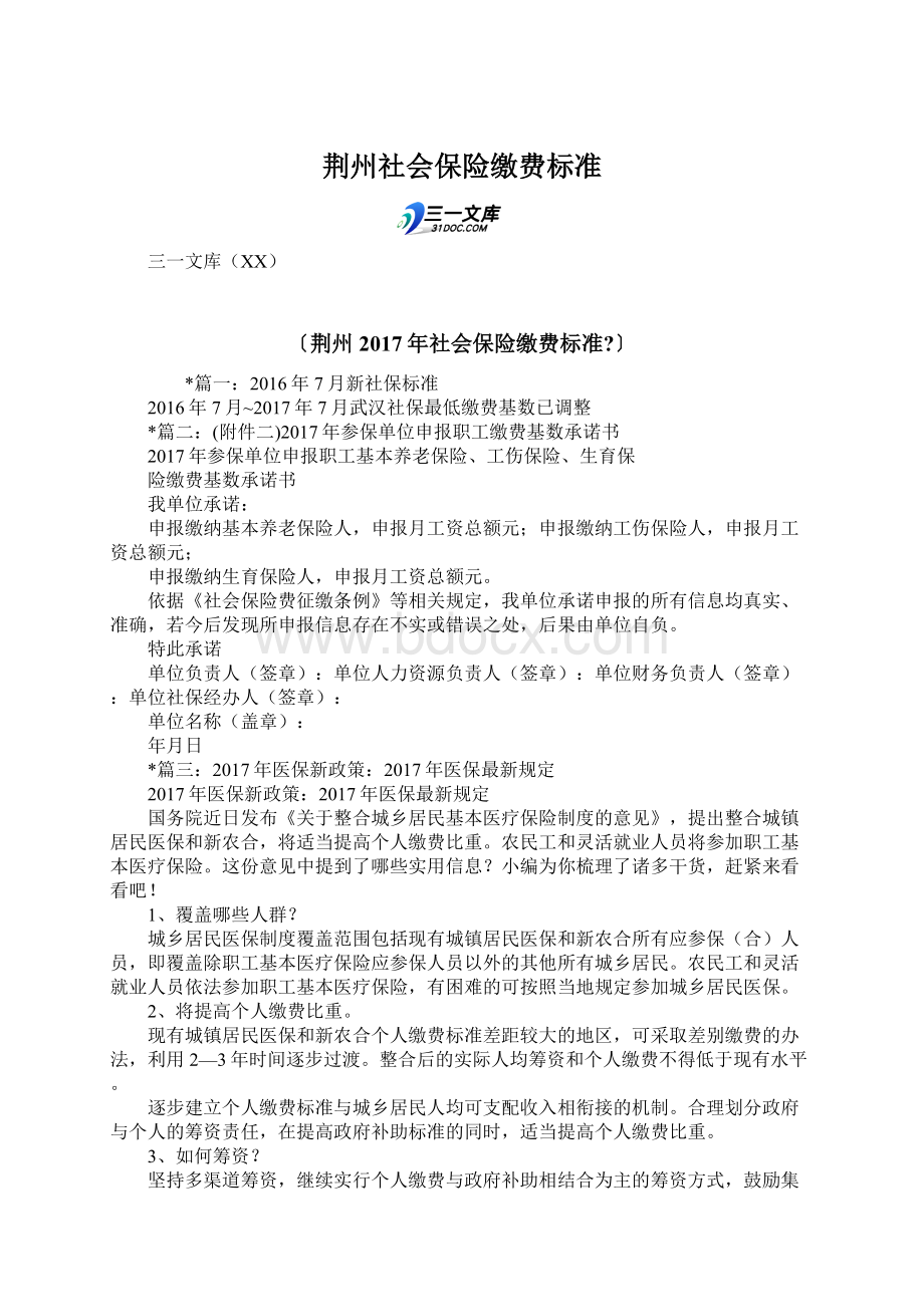 荆州社会保险缴费标准Word格式.docx