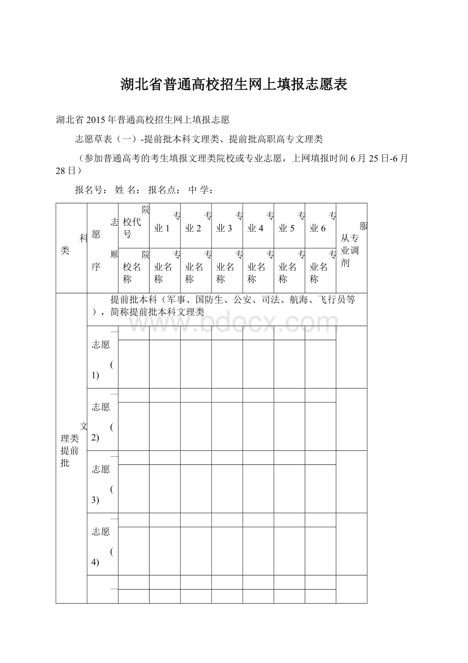 湖北省普通高校招生网上填报志愿表Word格式.docx