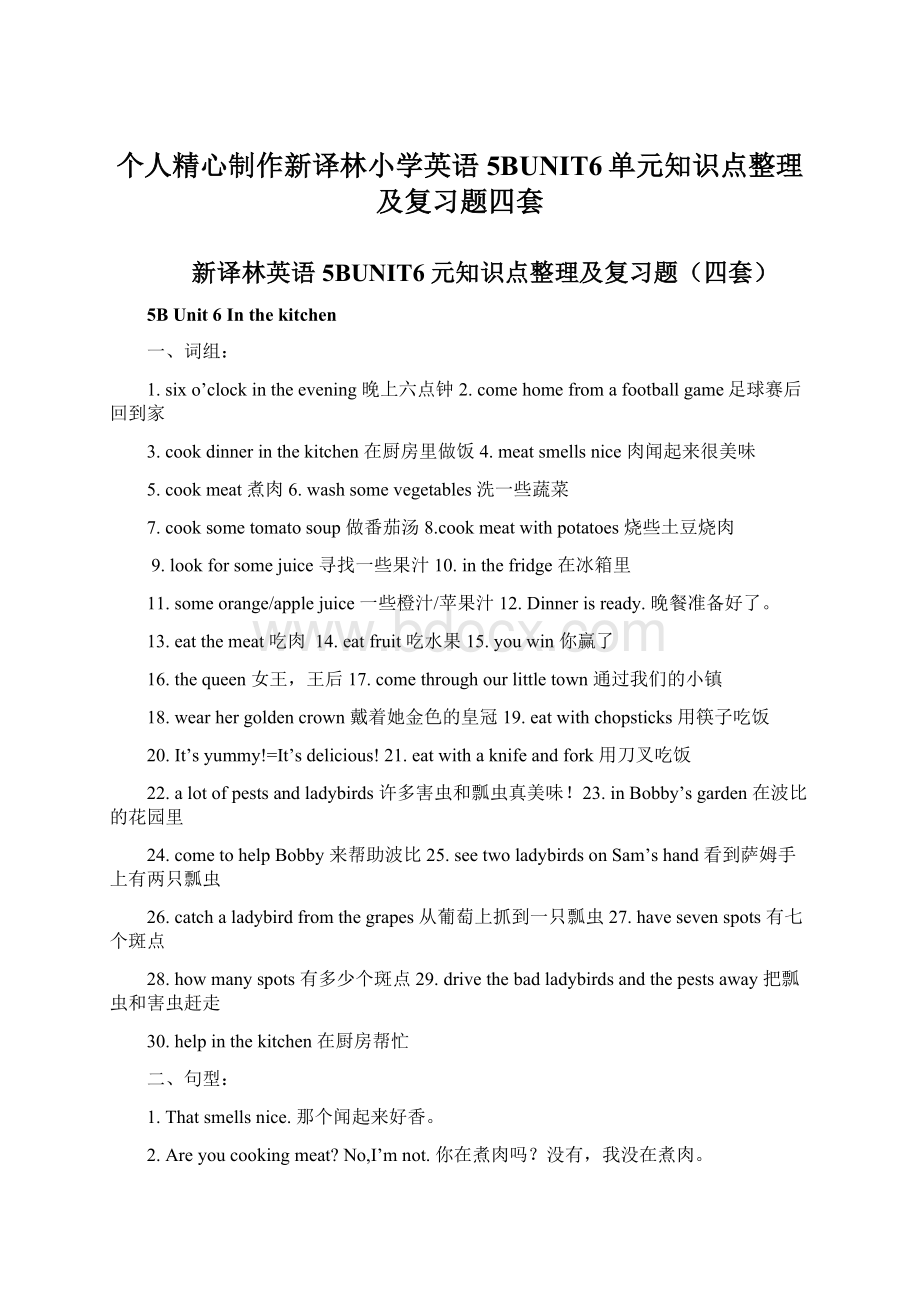 个人精心制作新译林小学英语5BUNIT6单元知识点整理及复习题四套Word文件下载.docx_第1页