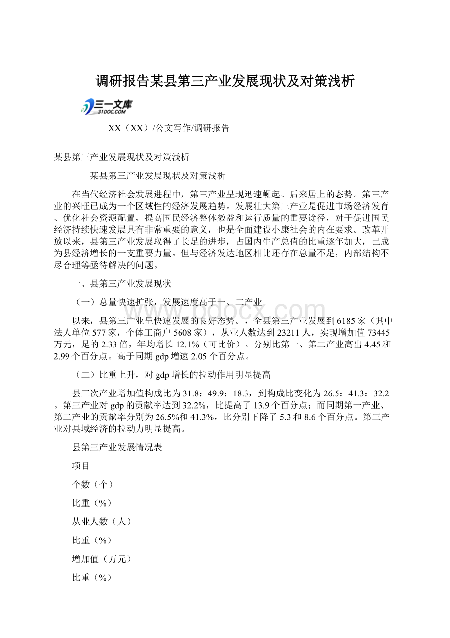 调研报告某县第三产业发展现状及对策浅析Word格式.docx