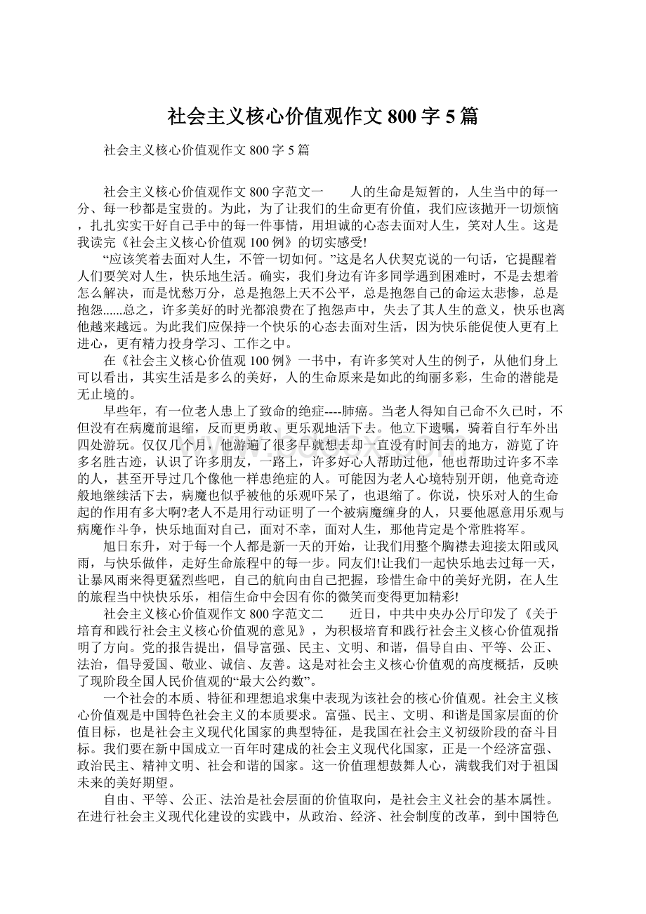 社会主义核心价值观作文800字5篇文档格式.docx